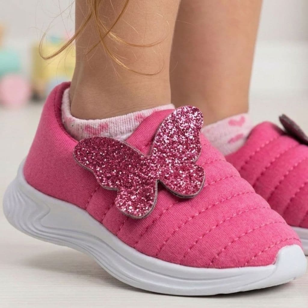 Tênis Infantil Menina Borboleta Glitter Calce Fácil Leve macio Conforto Escolar