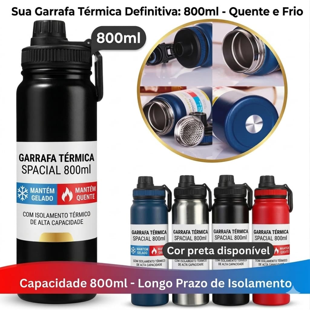 Garrafa Térmica 800ml Grande Capacidade | Mantém Bebidas Quentes ou Frias com Isolamento Térmico Preto