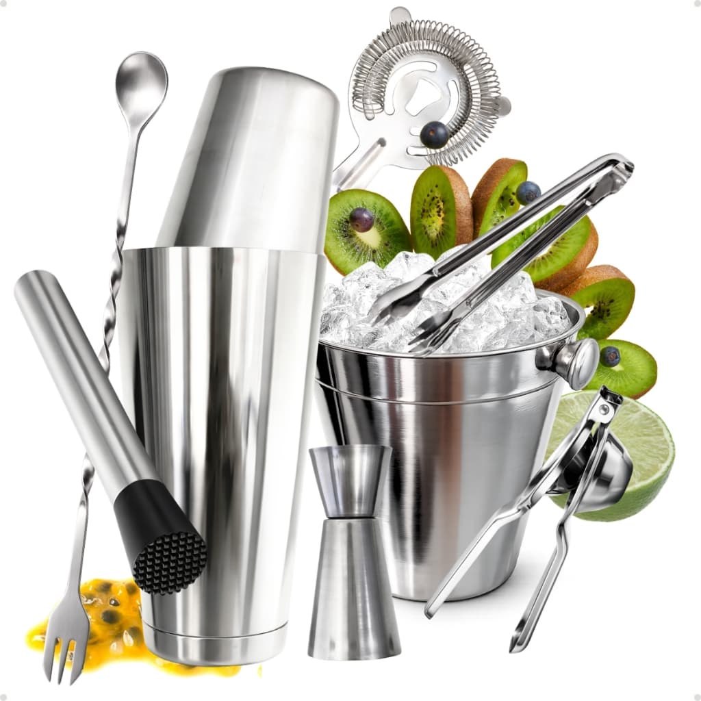 Kit Coqueteleira Boston 820 Ml Peso Strainer Socador Colher Espremedor Balde Dosador Acessórios Inox