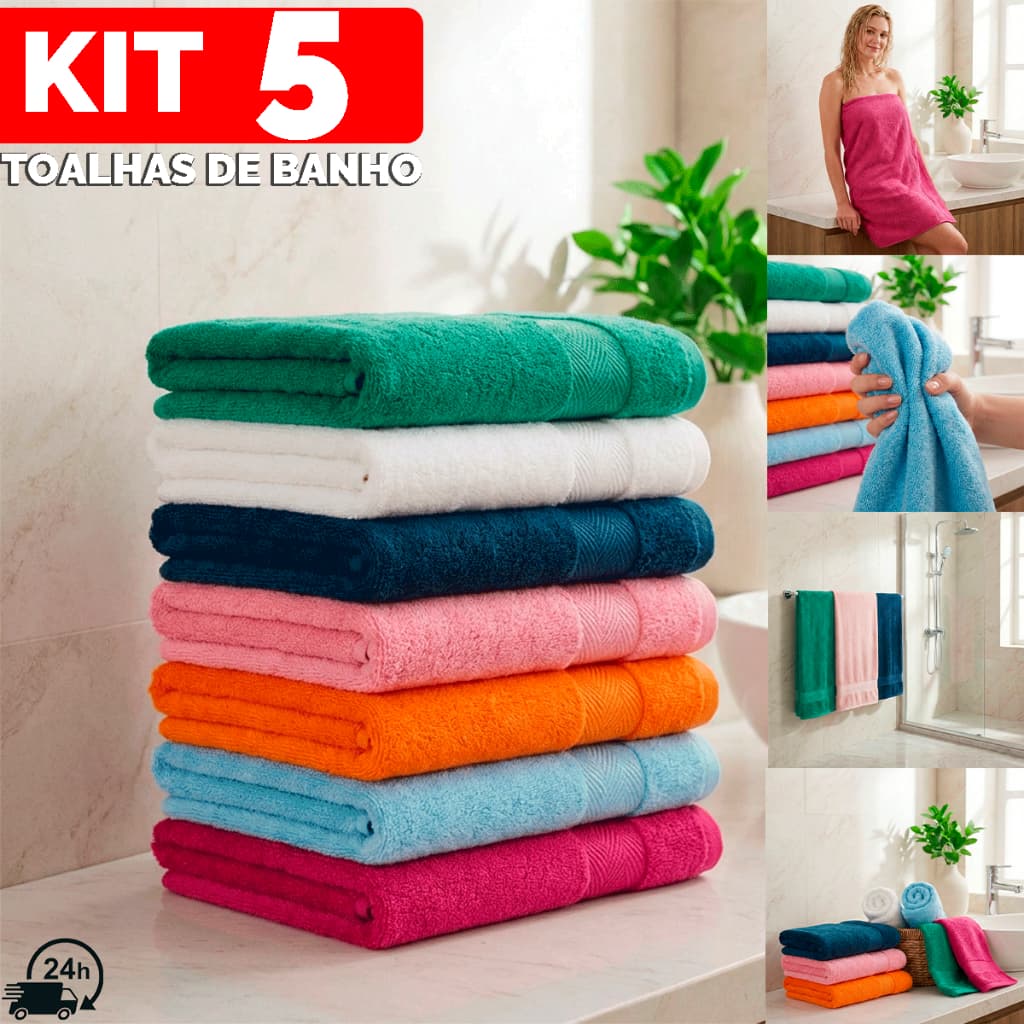 Kit 5 Toalhas de Banho Elleganza Banhão 65x120cm Macia Resistente 100% Algodão Super Absorção