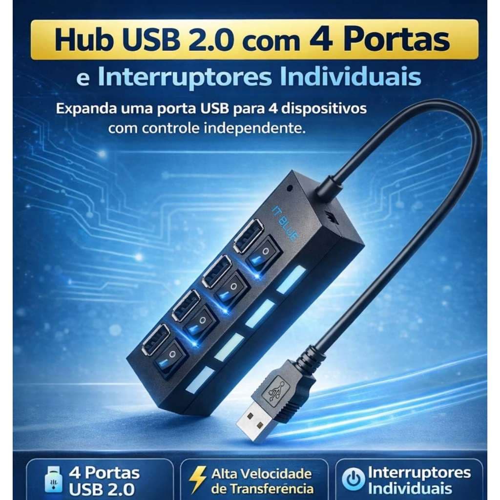 Kit  1/2 Hub USB 2.0 com 4 Portas e Interruptores Individuais LED