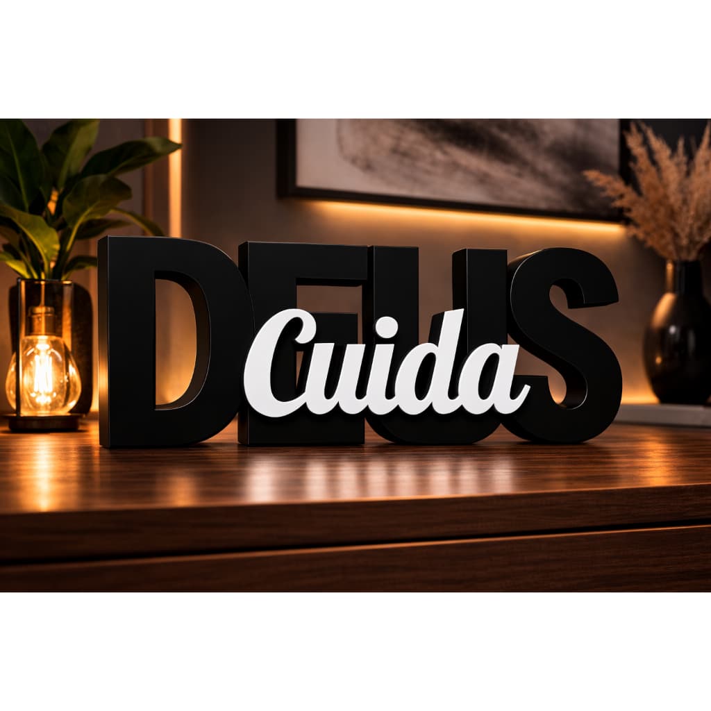 Enfeite Decorativo Deus Cuida Frase Cristã para Sala Aparador