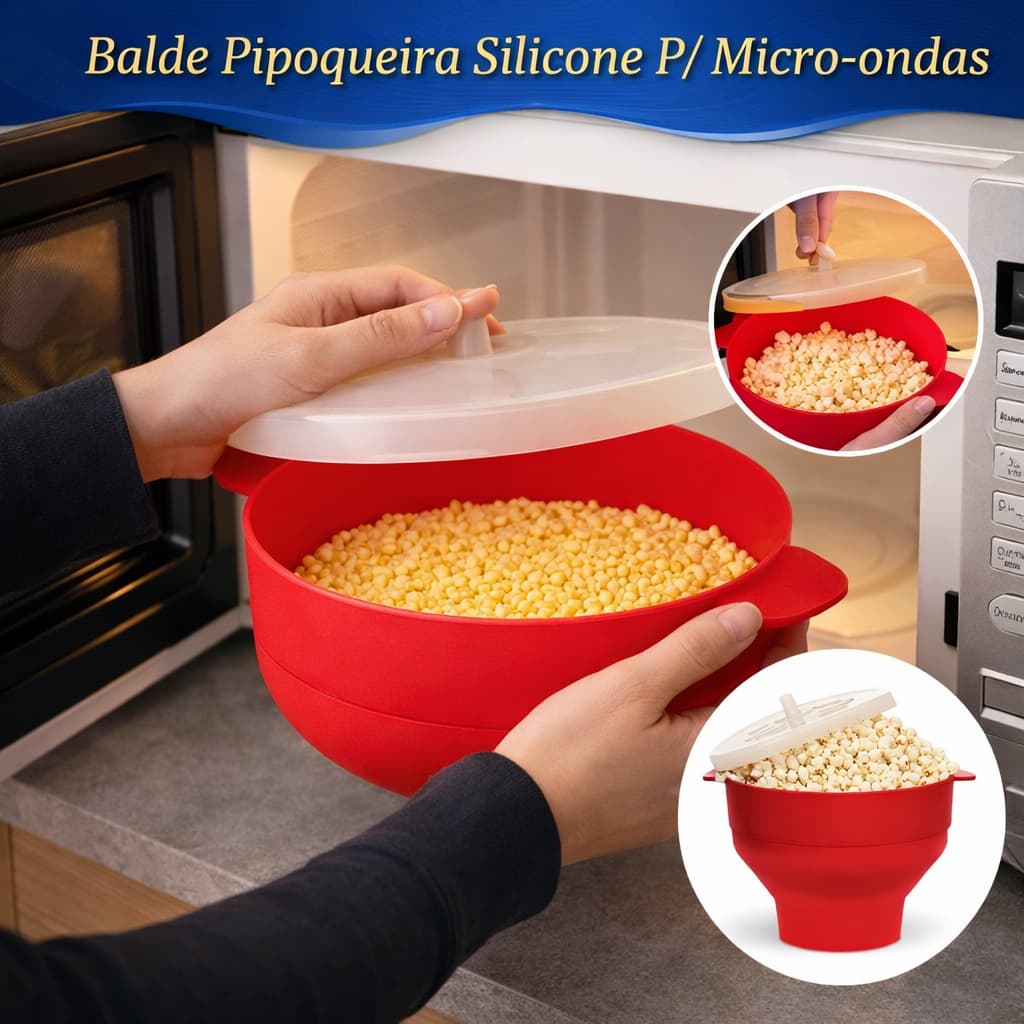 Balde Pipoqueira de Silicone Tigela Pipoca para Micro-ondas Retrátil Dobrável com Tampa Reutilizavel