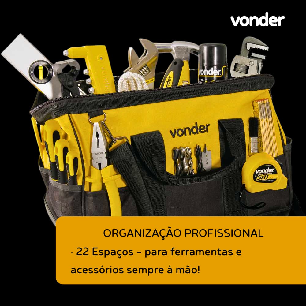 Bolsa Para Ferramentas de Lona Reforçada Zíper Forte BL 016 Capacidade 12 kg Com 22 Bolsos - Vonder
