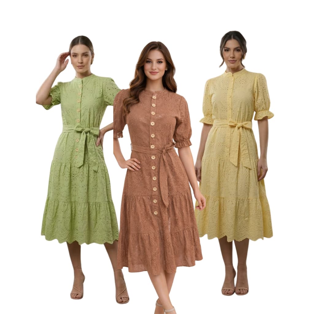 Vestido Midi Laisse com Forro Laço Manga Princesa Botãoes funcional Moda Evangelica Tendenci Brasil