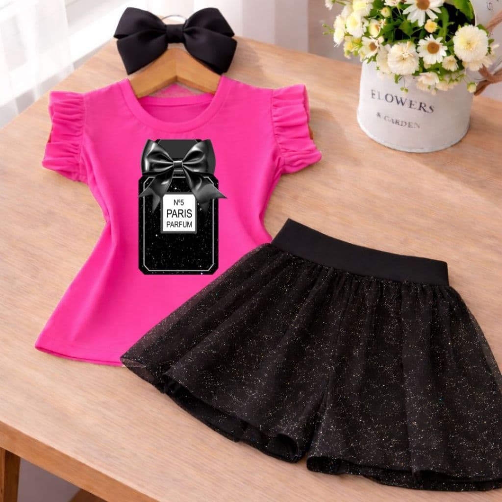 Conjunto Infantil Menina Rosa  Short Saia Preto Fashion Roupa Infantil Feminina Conjunto Verão Menina Look Elegante