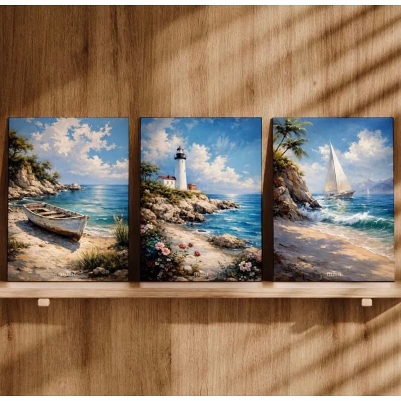 Kit 3 Quadros Decorativos Paisagem Mar Praia Barco Farol Veleiro Tela Decorativa Sala Quarto Natureza