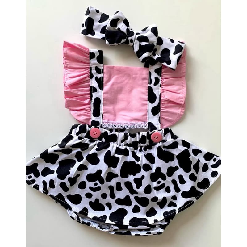 Jardineira Saia Romper Vaquinha Fazendinha Bezerrinha, romper abelha menina baby Jardineira Saia Gatinha Marie