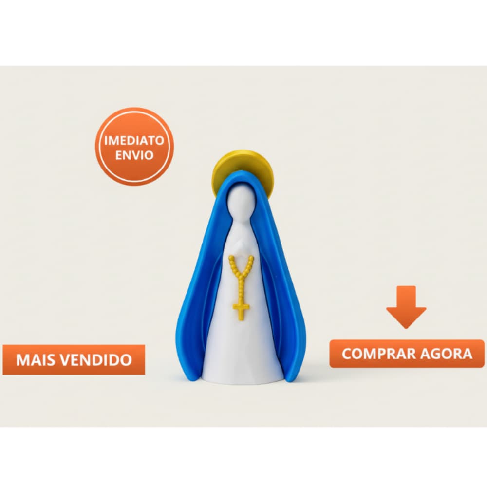 Escultura Nossa Senhora Decorativa com Rosário | Manto Azul e Halo Dourado | 10cm 16cm 18cm | Decoração Religiosa