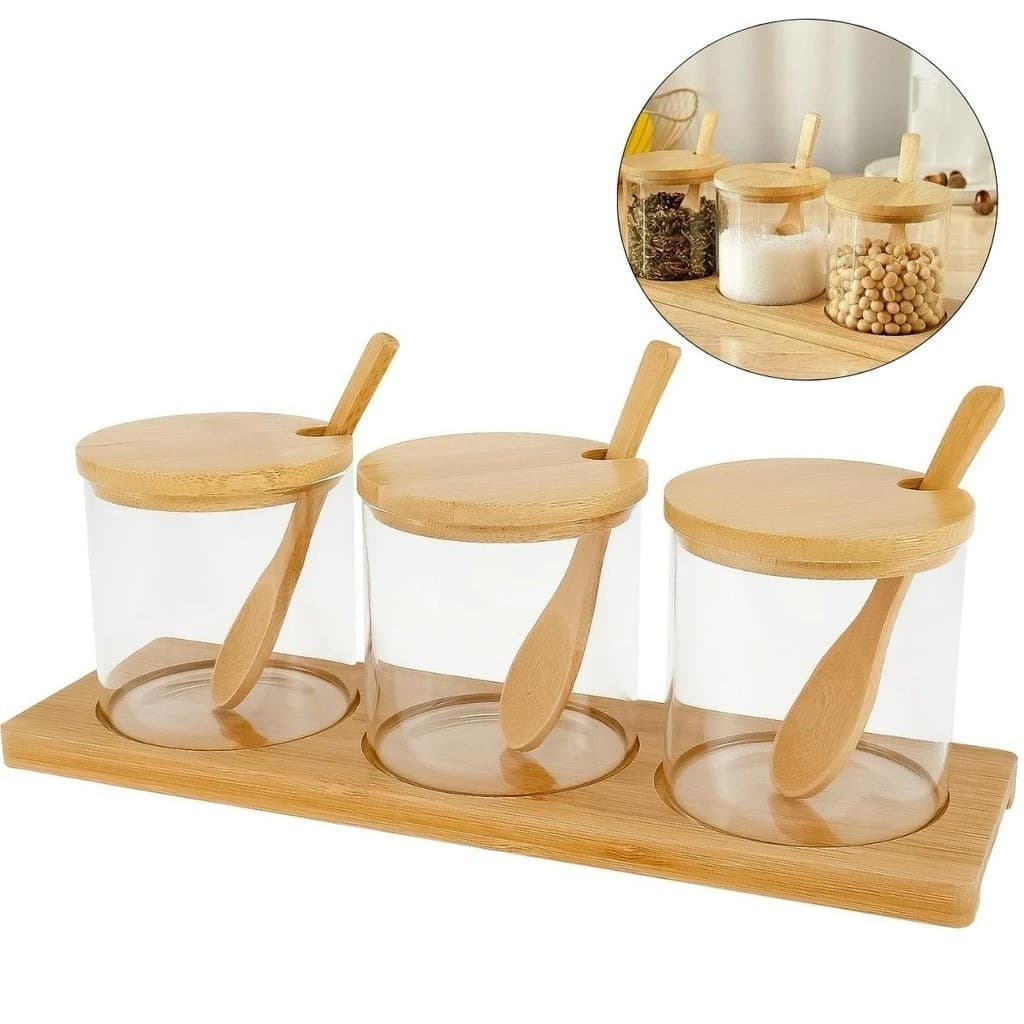 Kit 3 Potes De Vidro Com Tampa Colher E Suporte Em Bambu Porta Condimento Tempero Saleiro Açucareiro