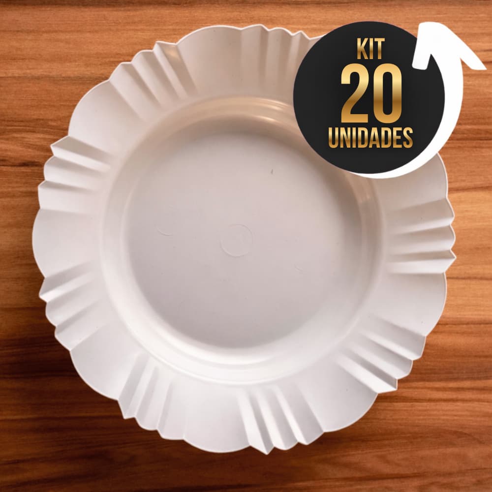 Kit 20 Pratos Fundos Redondos Branco Plástico com Borda Para Refeições