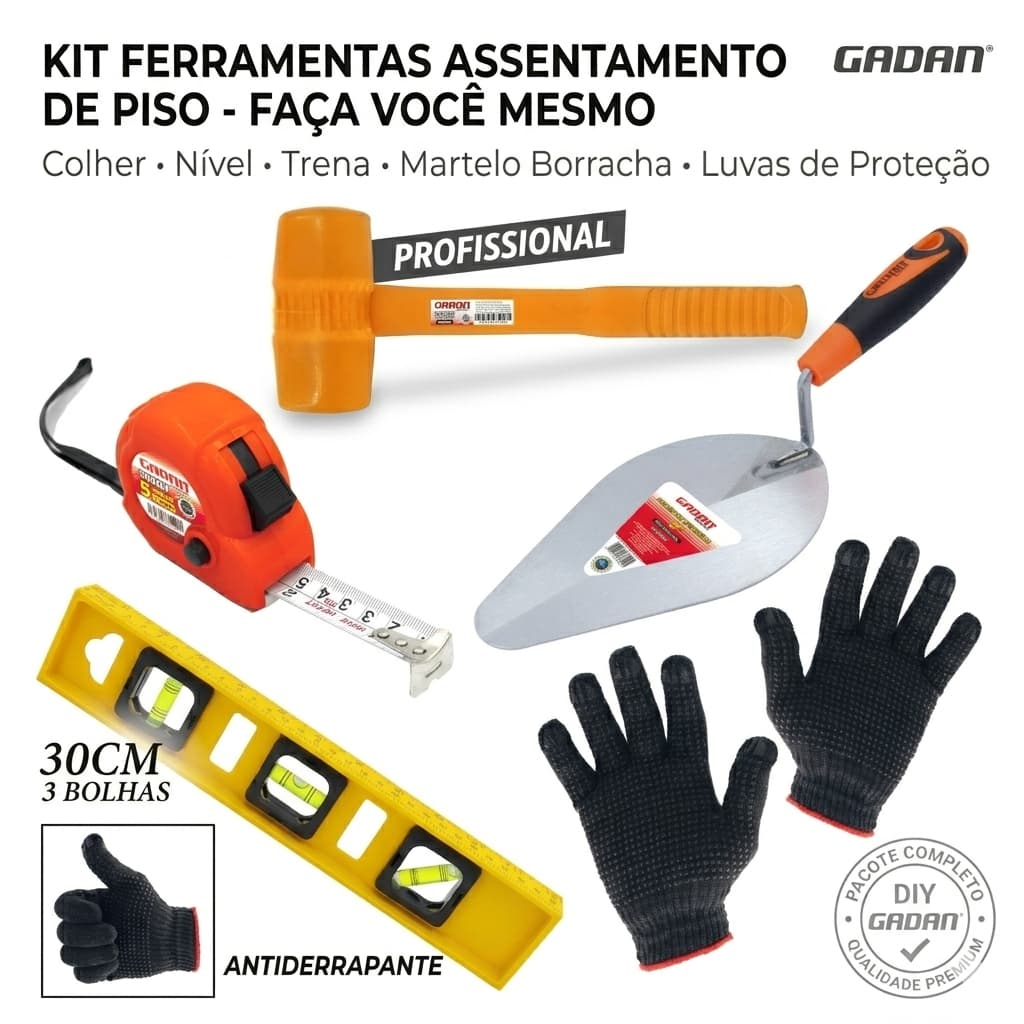 Kit Ferramentas Para Assentar Piso Faça Você Mesmo Colher Nível Trena Martelo + Luva