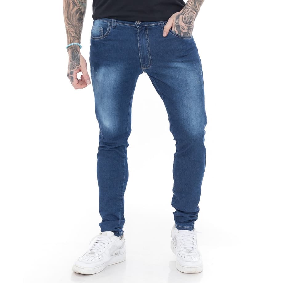 Calça Super Skinny Premium Blue Dark Masculino Jeans Skinny Azul Escuro com Elastano, Estilo Urbano e Conforto