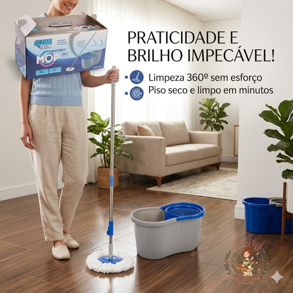 Esfregão 360° Mop Giratório  Balde Duplo Limpa Seca Limpeza Rápida e Sem Esforço