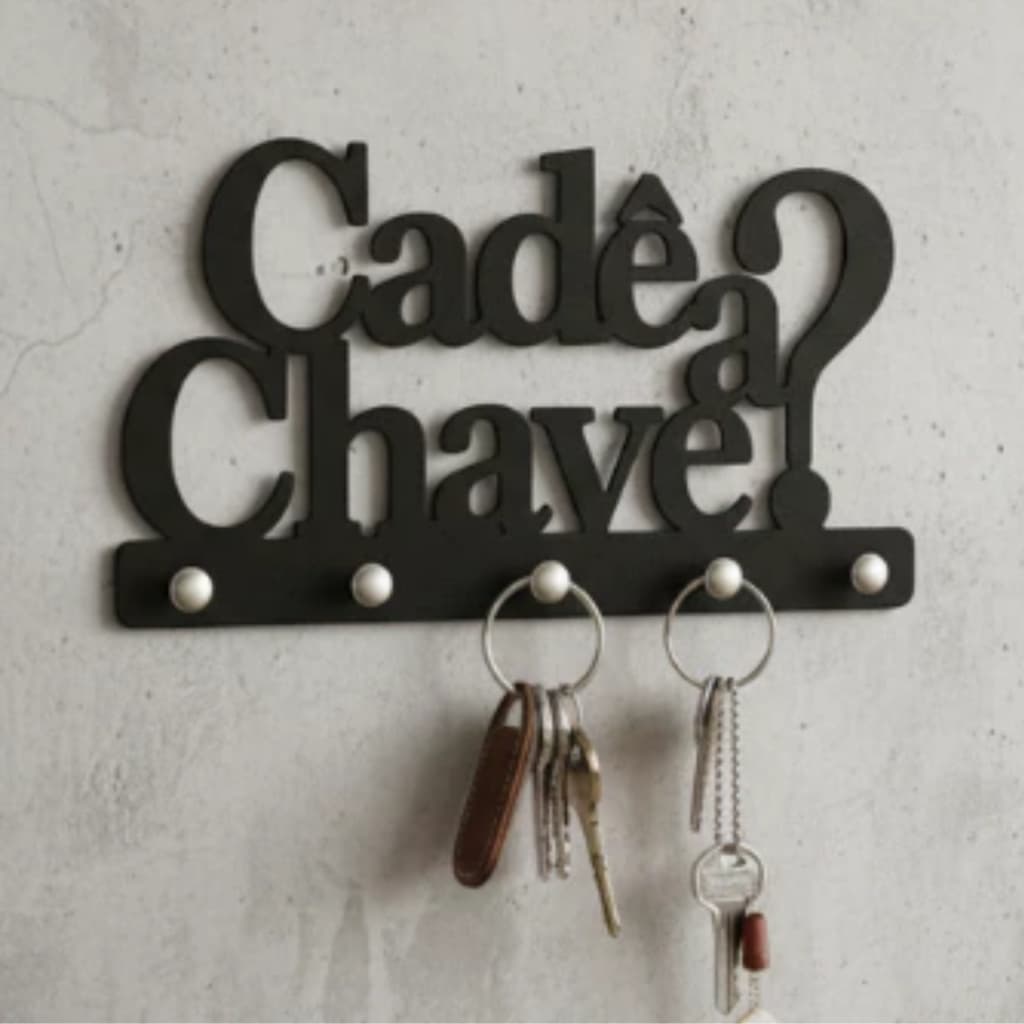Porta Chaves Decorativo de Parede Cadê a Chave em MDF Preto Fosco 6 mm