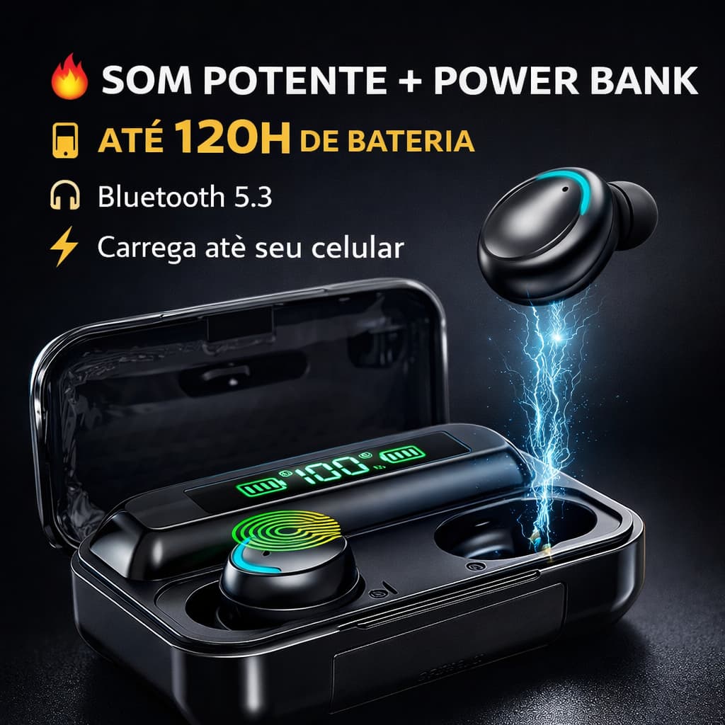 Fone Sem Fio F9-5  Bluetooth 5.3 Com Função Power Bank  Cancelamento de Ruído Display LED e IP