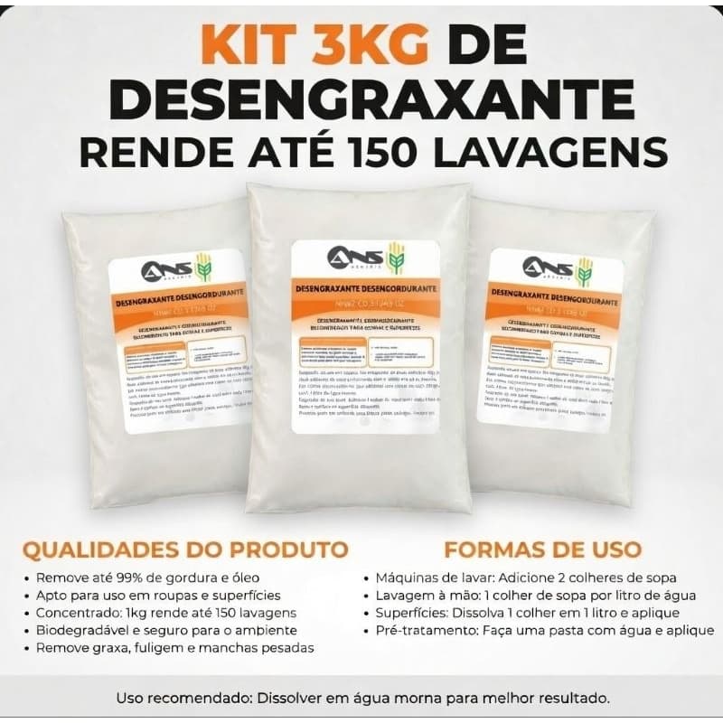 Kit 3kg Desengraxante Desengordurante em Pó Multiuso Concentrado para Roupas, Pisos e Superfícies Pesadas