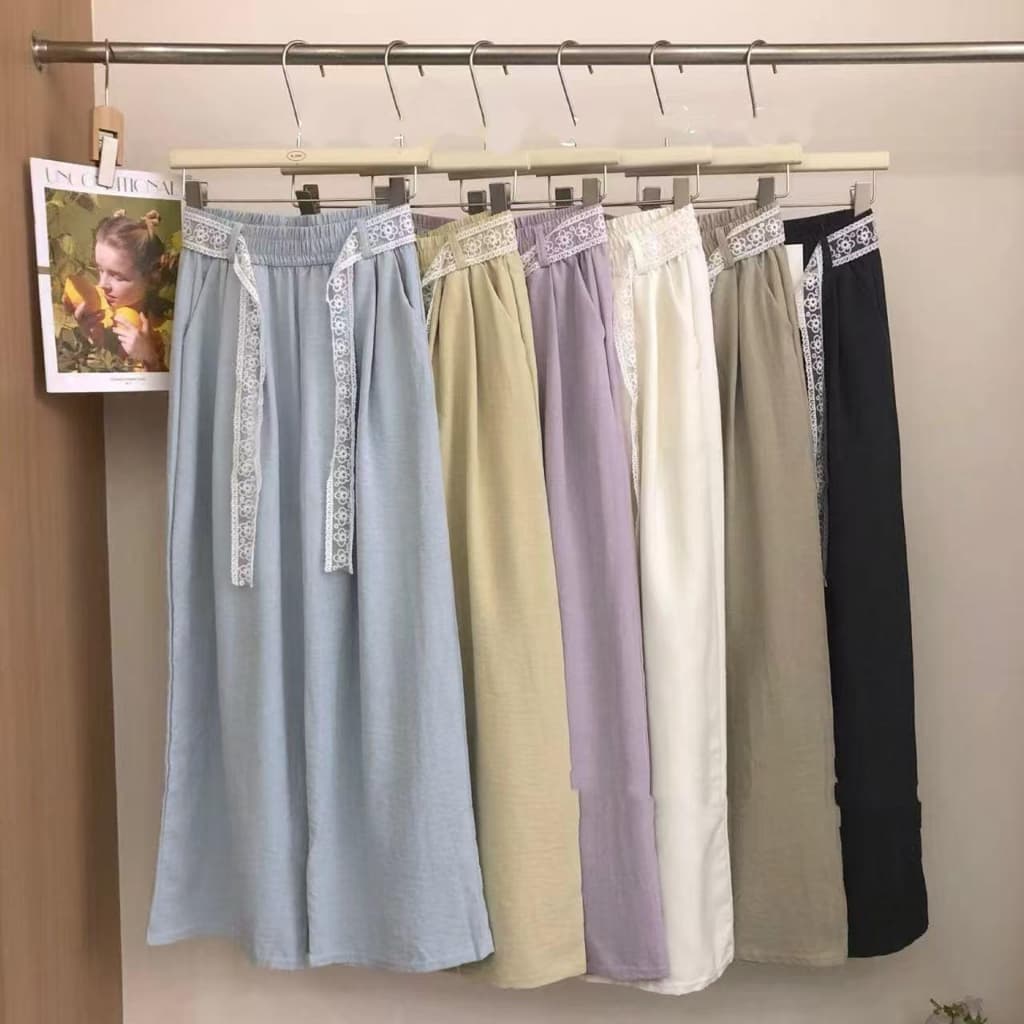 Calça Pantalona Cintura de Renda Feminina, Elástica com Amarração, Solta, Fina, Calça Pantalona SoCasual e para Trabalho