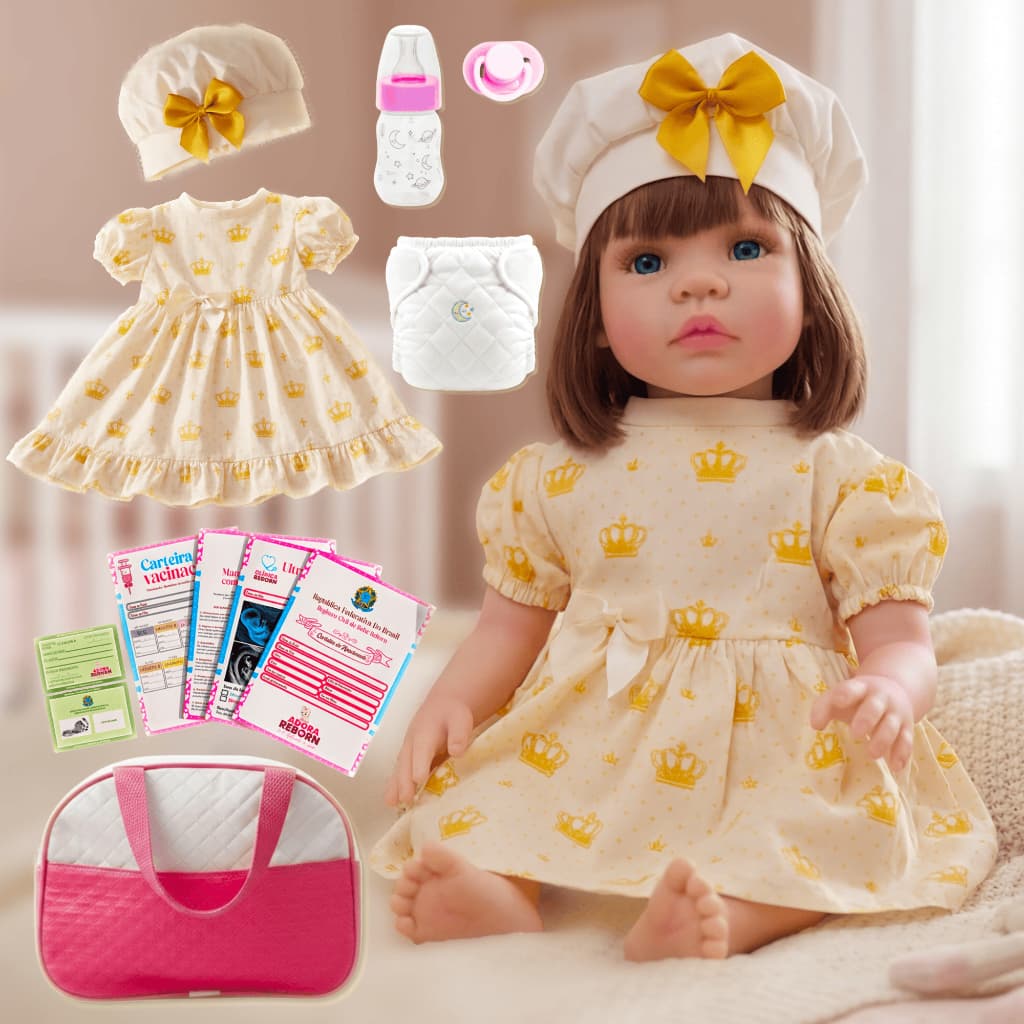Boneca Bebê Reborn Vestido Coroa Dourada Realista Em Silicone Menina Original Bolsa Maternidade