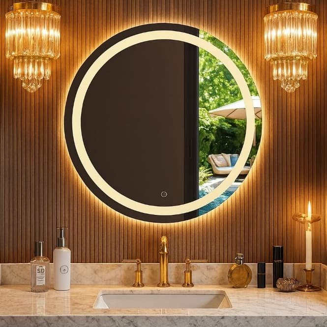 Espelho 70x70 Lapidado Jateado A laser Redondo Com Led Multicolor E Botão Touch Achadinho Decorações