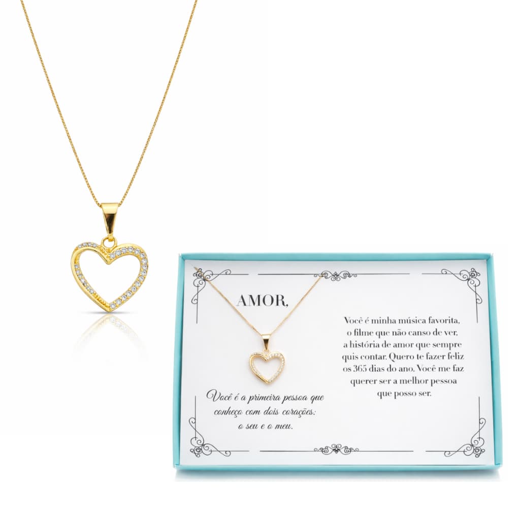 Colar Coracao Folheado Ouro 24k Zirconia Brilho Luxo Presente Feminino Esposa Namorada Tendencia