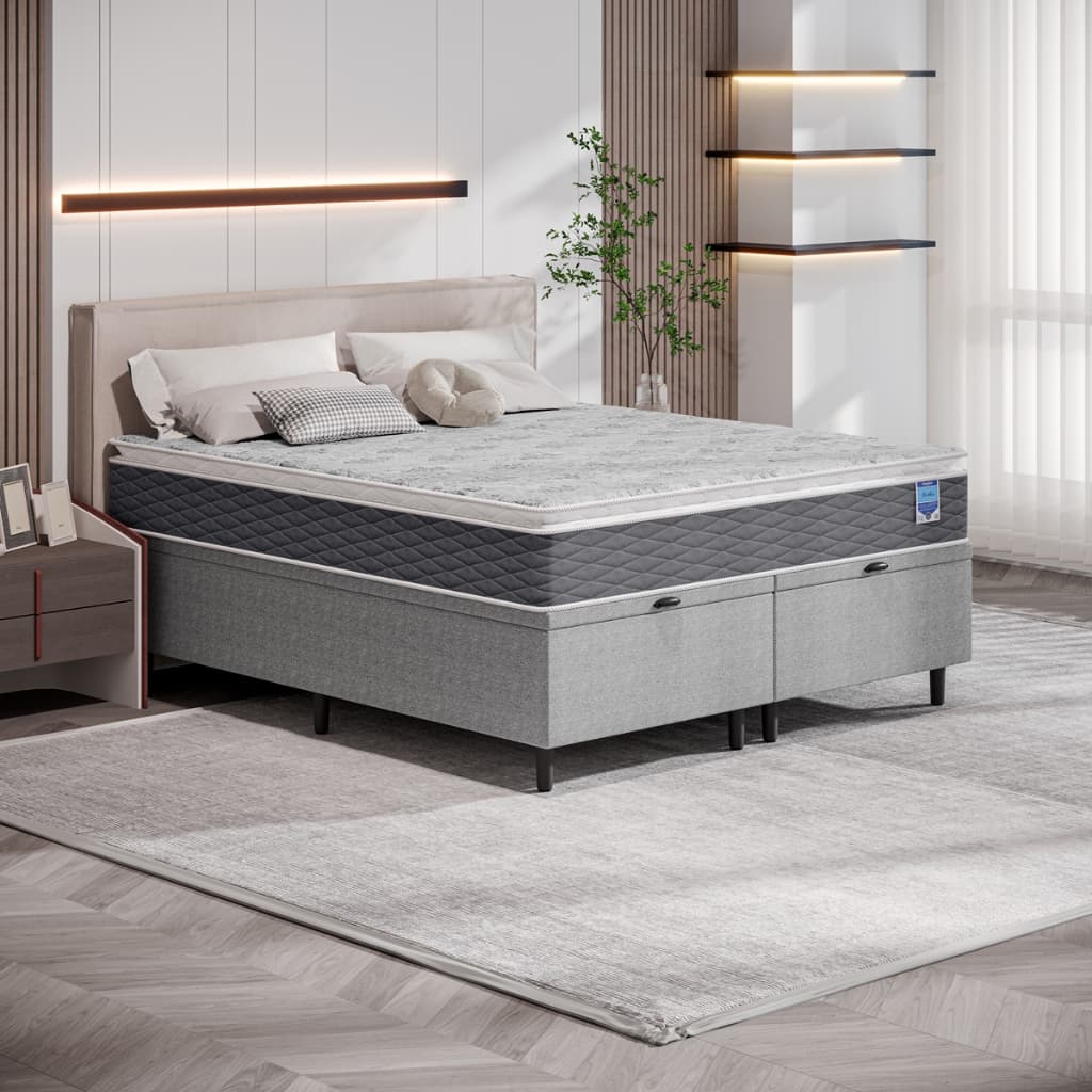 Cama Box Baú Queen Cinza e Colchão Queen Pillow Top 158x198x67 Bertha Umaflex