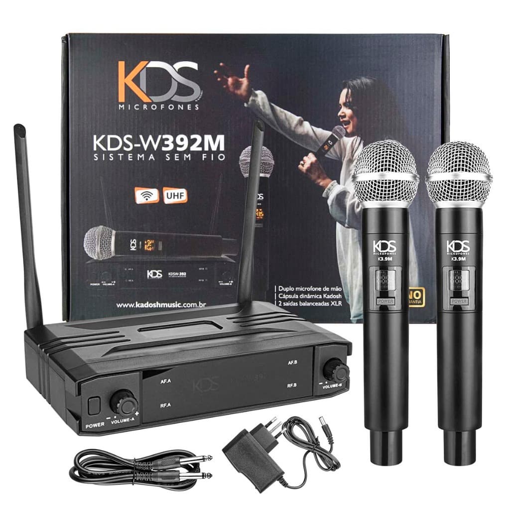 2 Microfones Sem Fio De Mão UHF Kadosh KDSW-392M Bivolt Para Igreja Palestra Escola