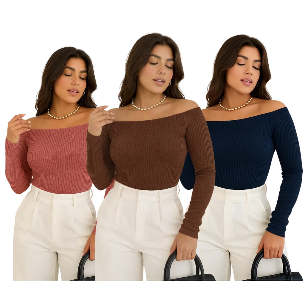 Kit 3 Blusa Ombro A Ombro Feminino Moda Inverno Canelado CANELADO