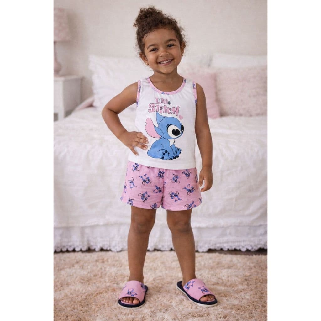 KIT  Infantil Stitch Baby Doll e Pantufa / Pijama Regata de Menina
