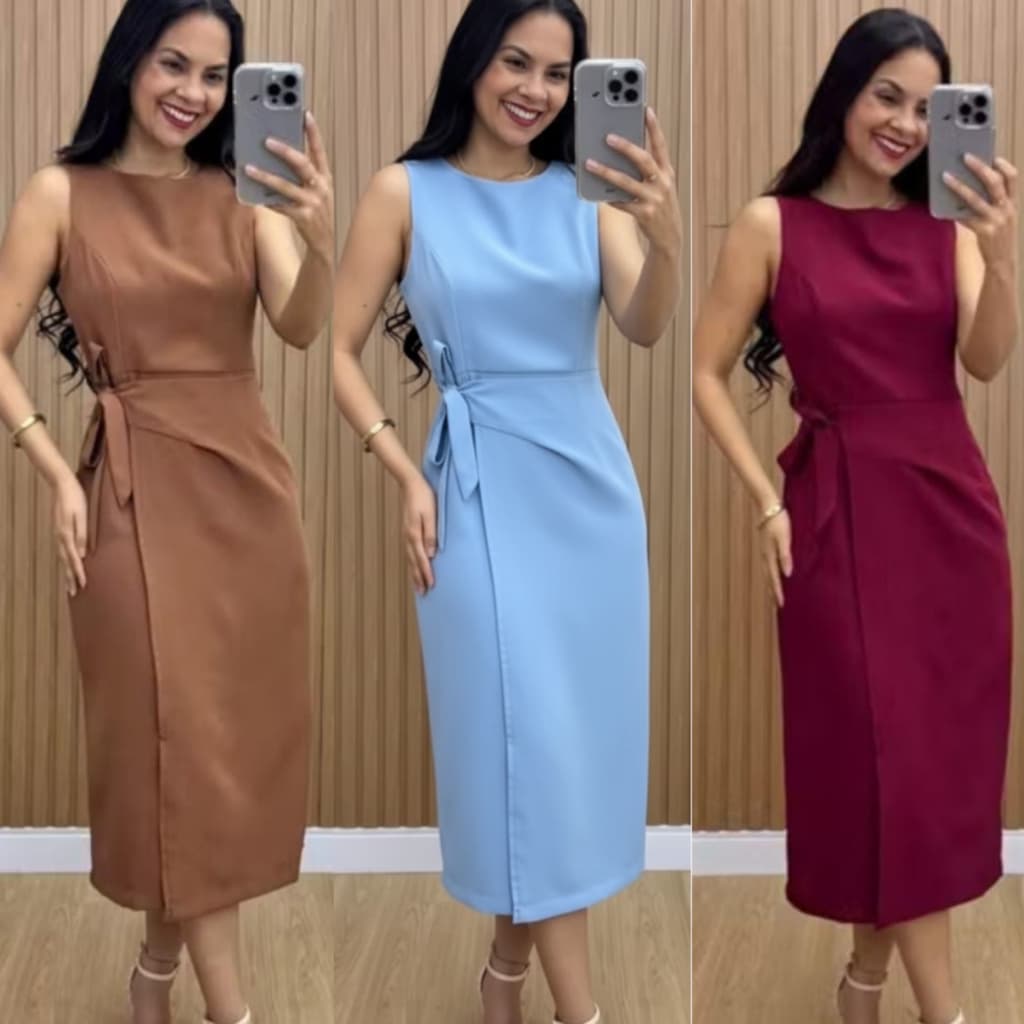Vestido Feminino Mídi de Alfaiataria com Modelagem Elegante amarraçao lateral