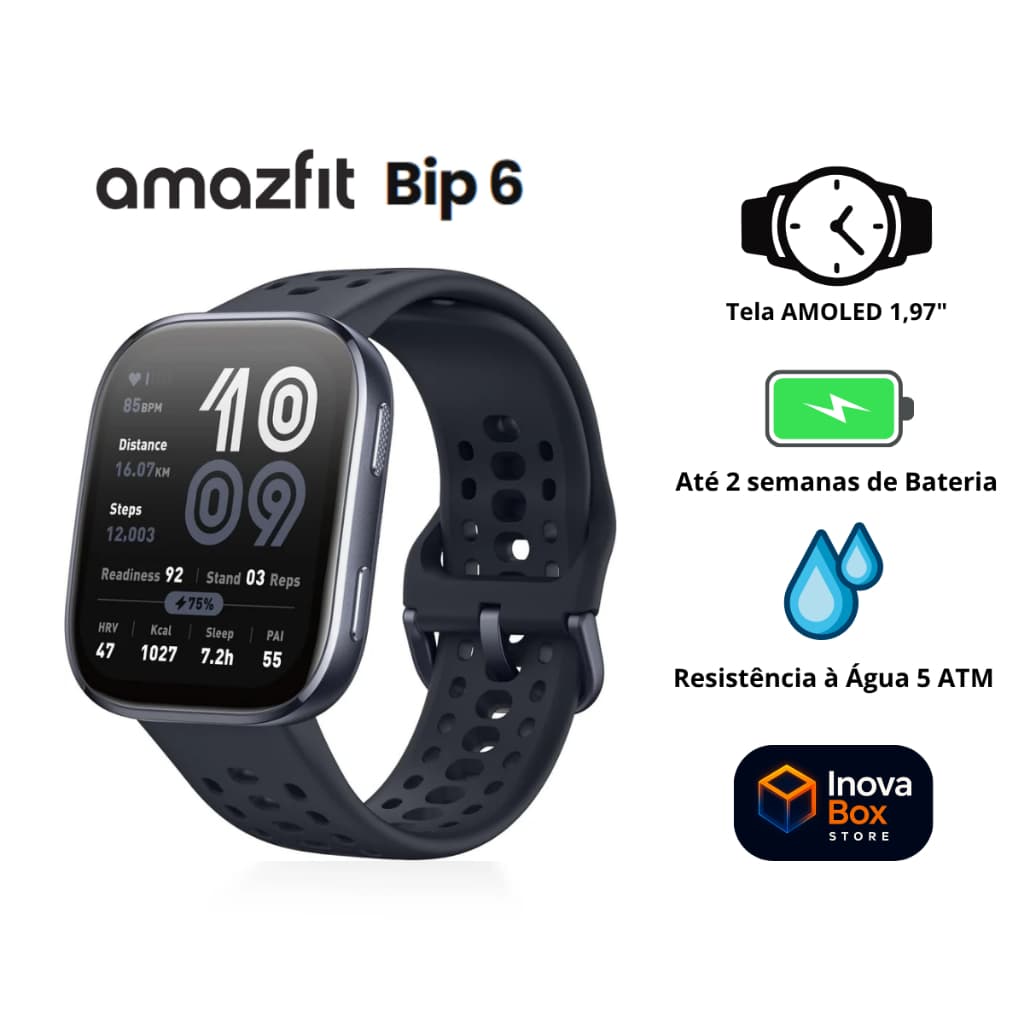 Relógio Smartwatch Amazfit Bip 6 Original – AMOLED 1.97'' - 14 Dias de Bateria | GPS | Resistência a Água