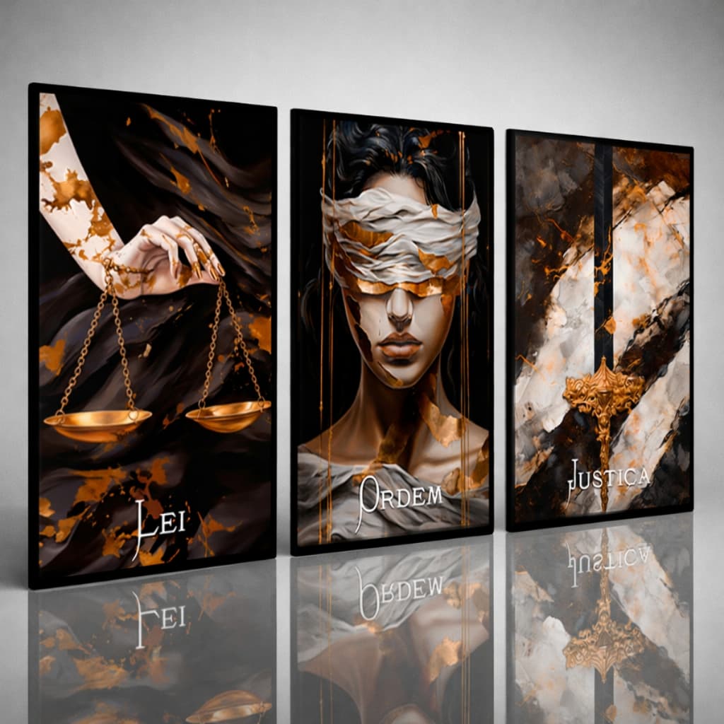 Kit Quadro Decorativo 3 Peça Sala Escritorio Deusa Balança Lei Ordem Justiça