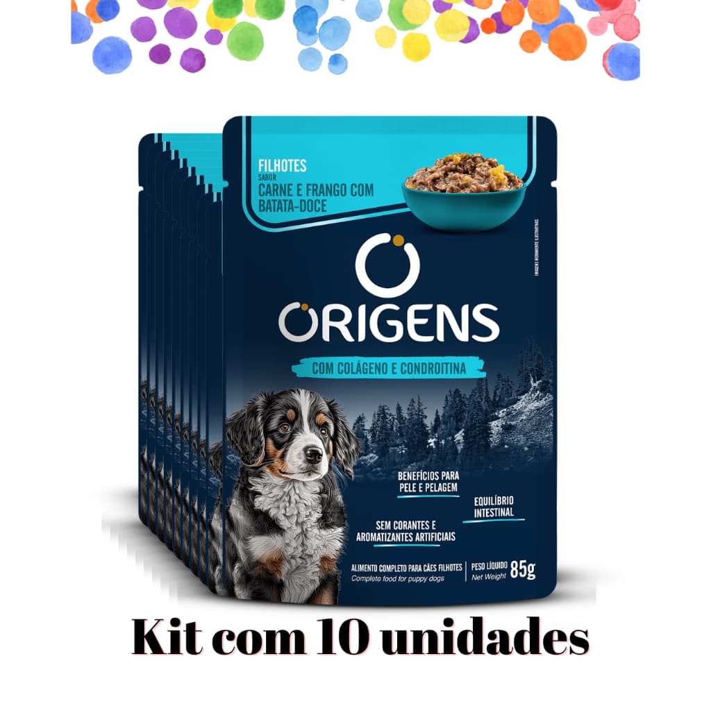 Kit 10 unid - Sachê Origens Premium Especial Cães Filhotes Sabor Carne e Frango com Batata-doce 85g