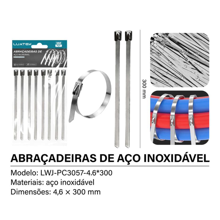Kit50 Abraçadeira Zip Tie Aço Inox 300x4,6/7,9mm Termotape Coifa Homocinetica Tubos Cabos