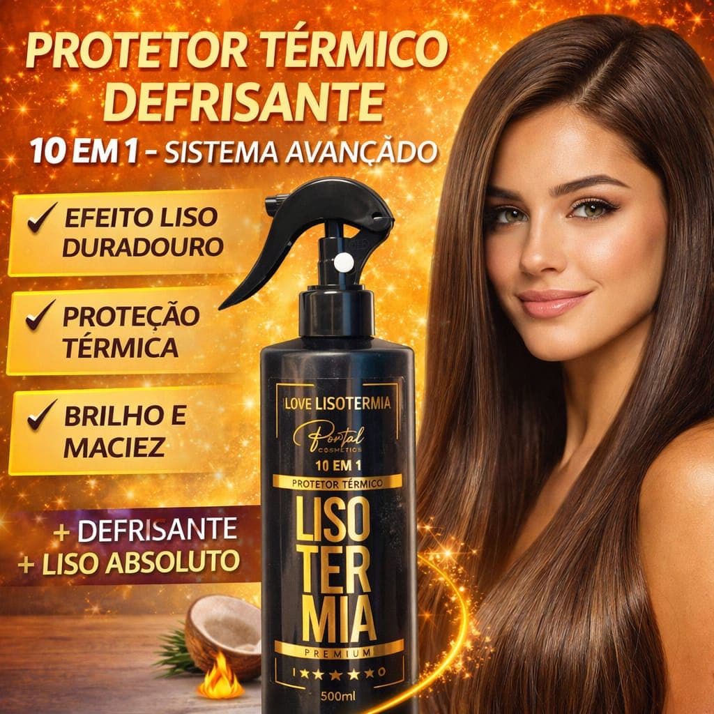 Protetor Térmico Lisotermia 10 em 1 500ml Defrizante Liso Duradouro Anti Frizz Brilho Intenso Portal Cosmetics