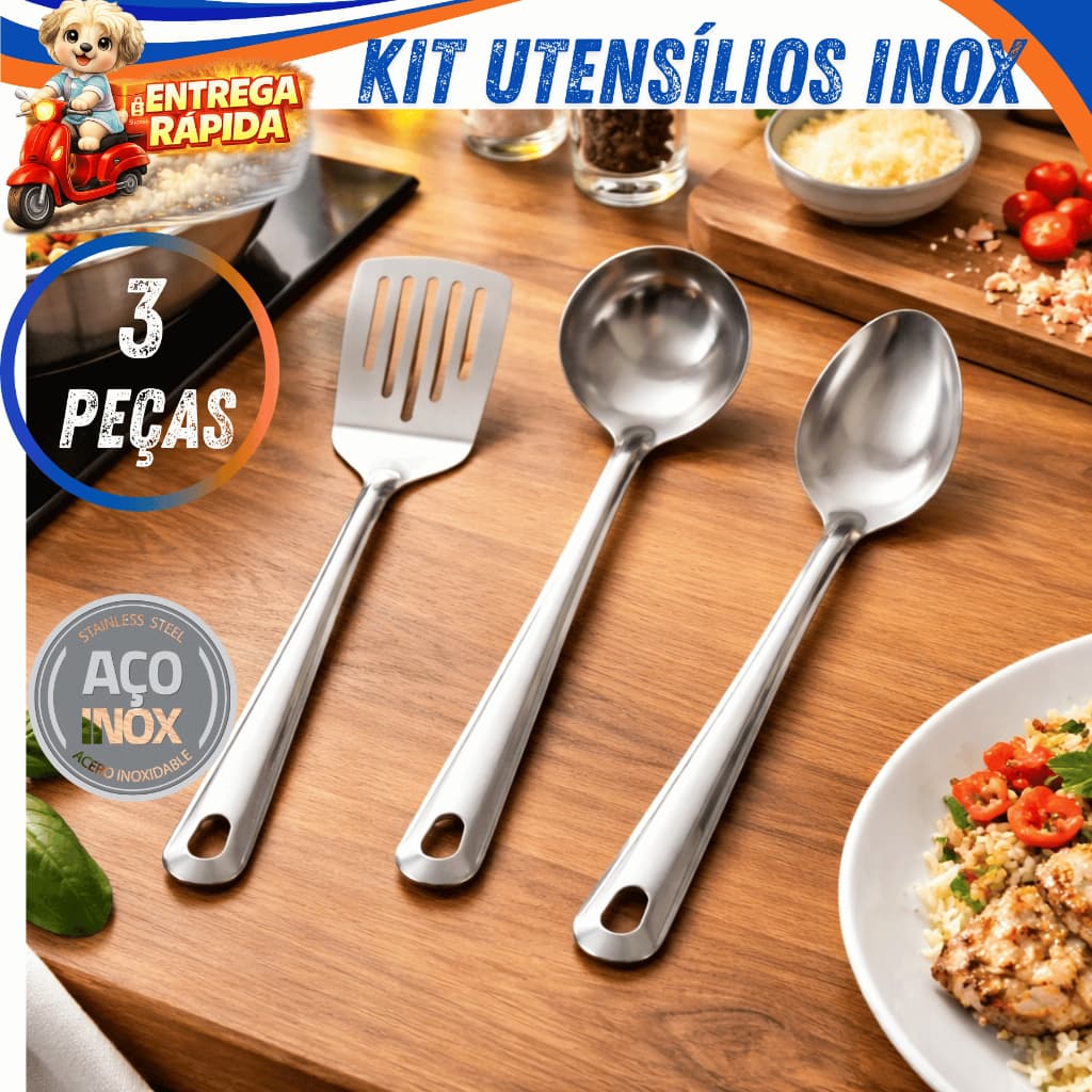 Kit Utensílio de Cozinha em Aço Inox com Concha, Colher de Arroz e Escumadeira Utensílios Resistente
