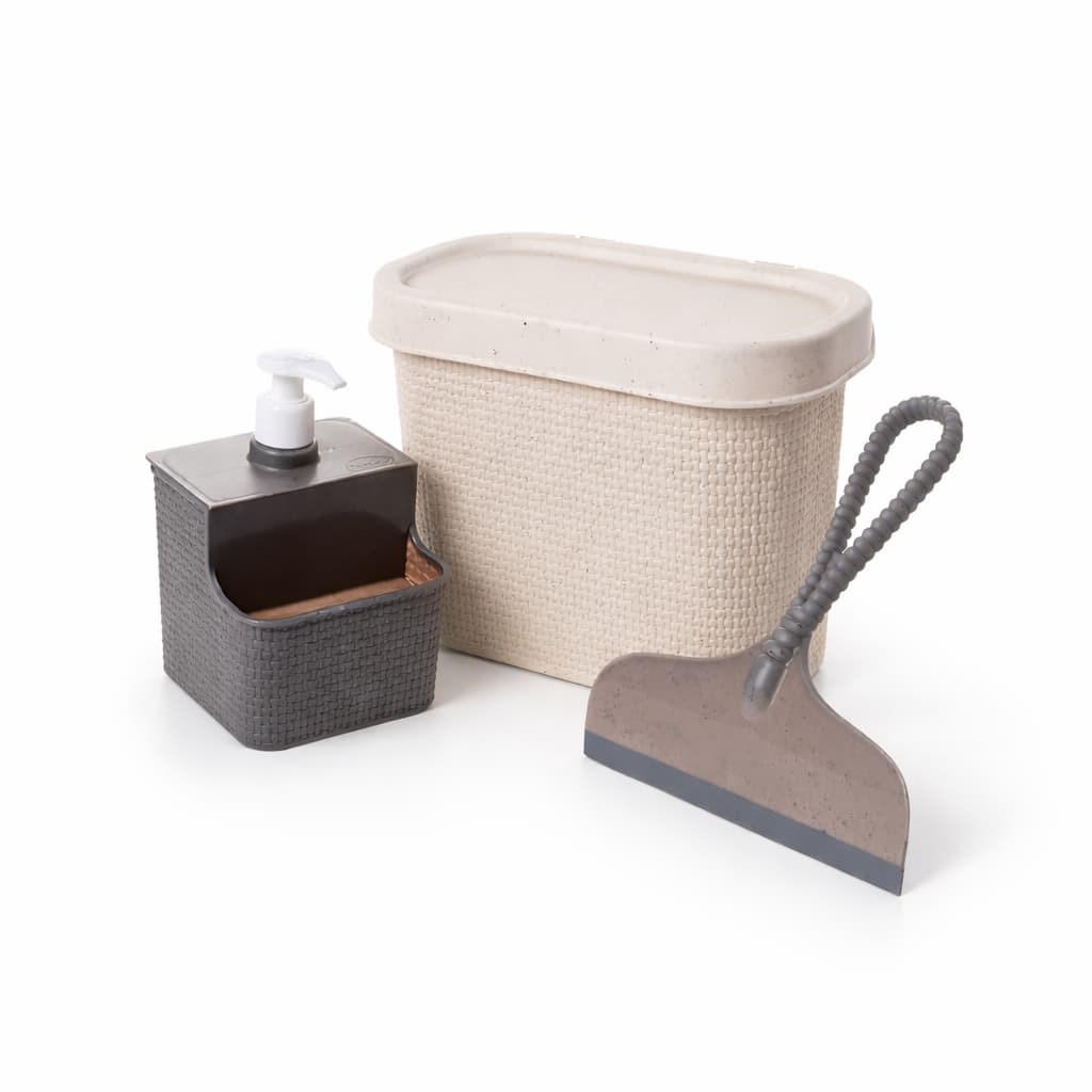 Conjunto Lixeira Com Tampa 3,5 Litros Mais Dispenser Porta Detergente Mais Rodinho Pia