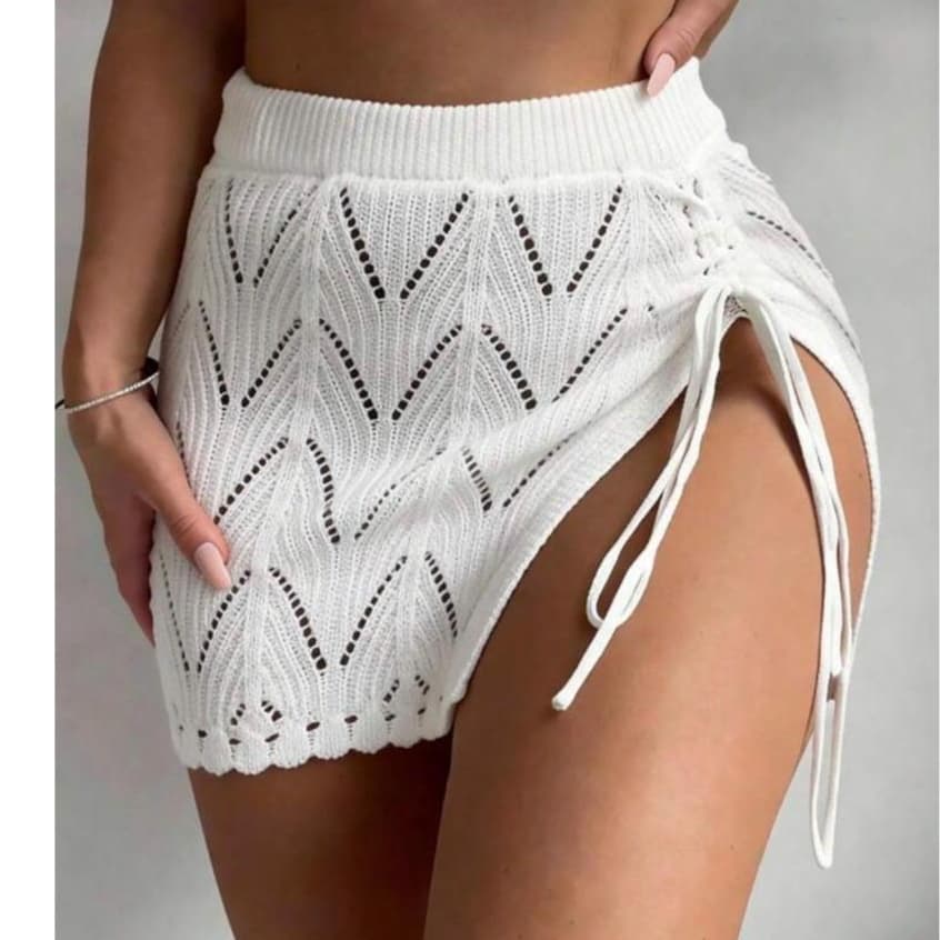 Saída De praia Feminina Tricot Crochê Saia Fenda Zig Zag