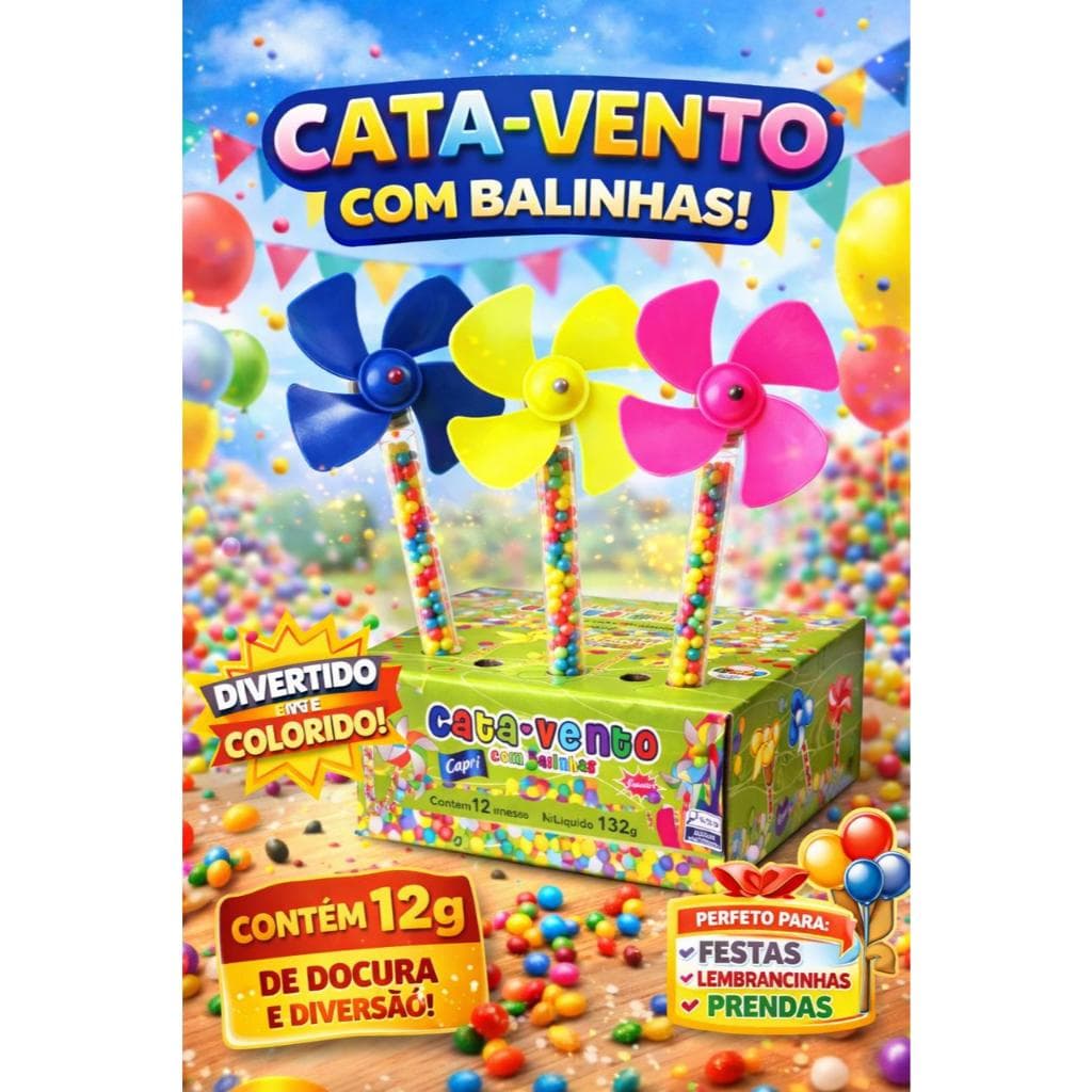 12 Brinquedo Cata-Vento MÉDIO divertido com balinhas de frutas.