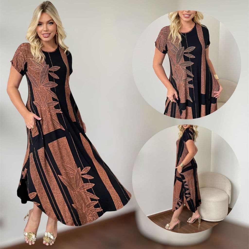 Vestido Estampado Feminino Com Bolsos Longo Viscolycra Confortável Verão Plus Size