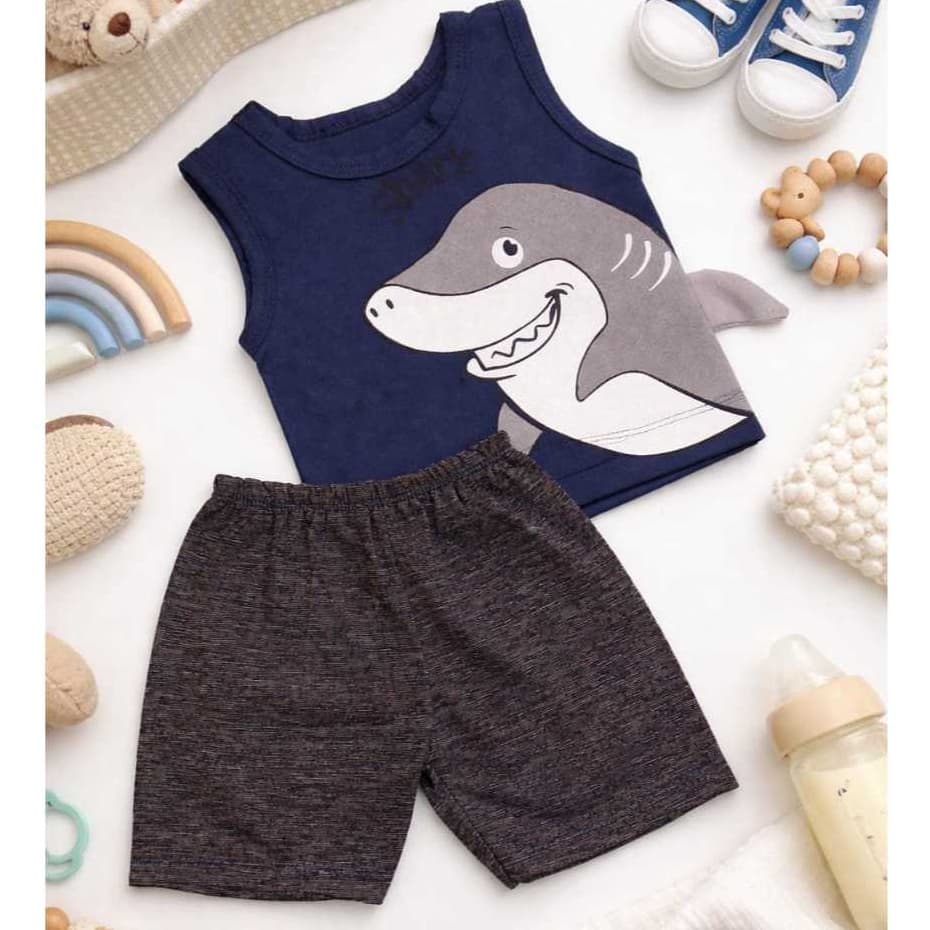 Conjunto Bebê Menino Regata + Shorts Tactel Estampa Tubarão  RN a 4 Meses