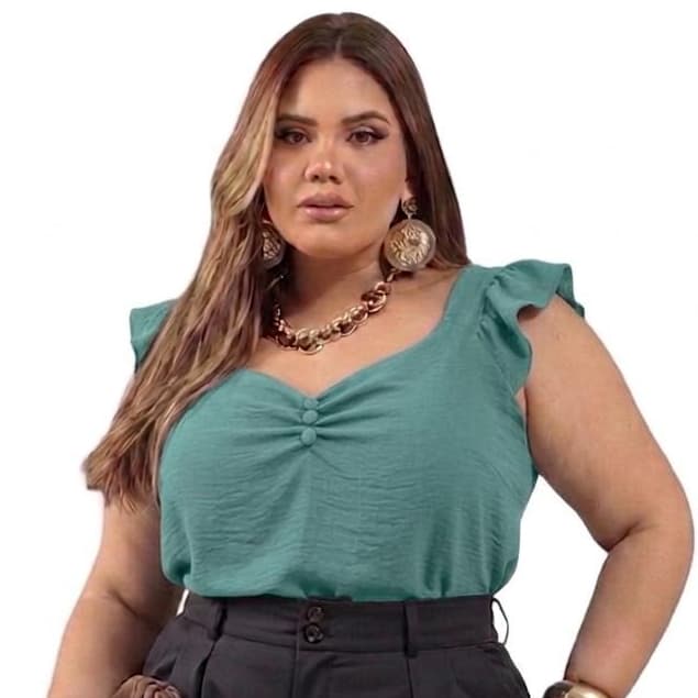 Blusa feminina com botões Estilosa  Plus Size Duna Manga Babado Decote Botão Roupa Feminina Elegante