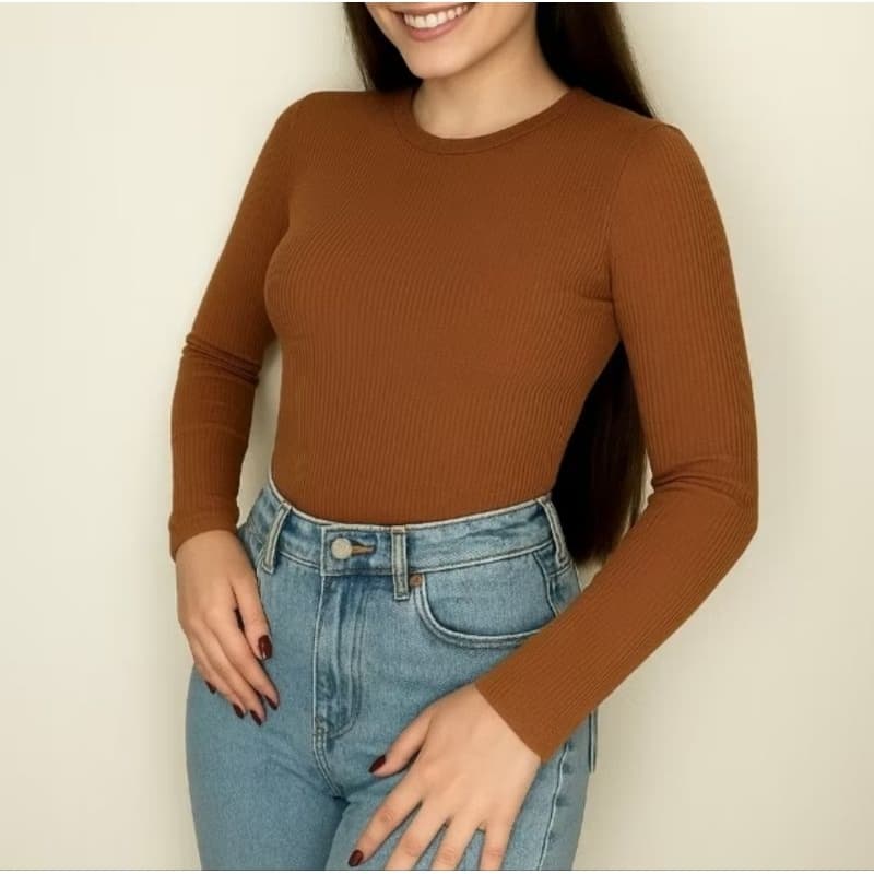 Blusa Feminina Ribana Canelada Manga Longa Básica Gola Redonda