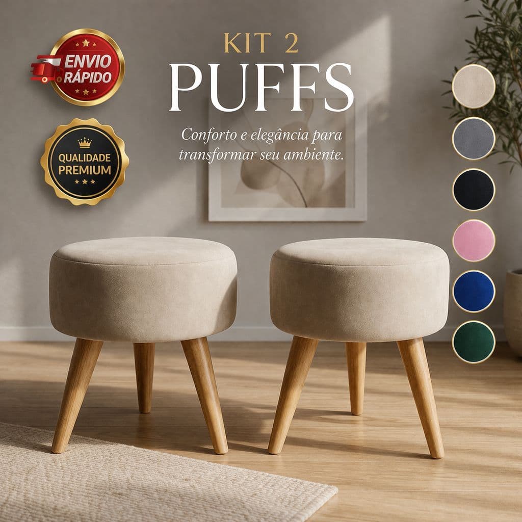 Kit Puff Redondo Pé Palito 02 Unidades Assento Estofado Apoio Para os Pés