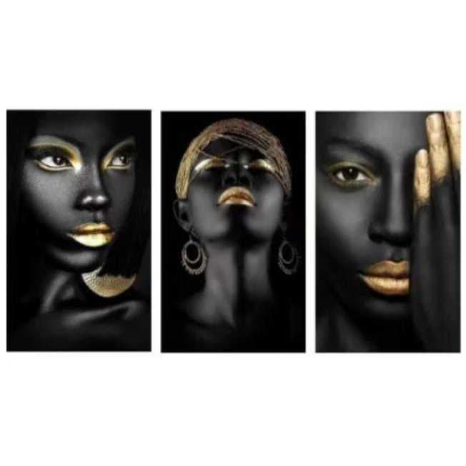 Quadro Decorativo Africano Preto e Dourado – mulheres africanas 60×120cm