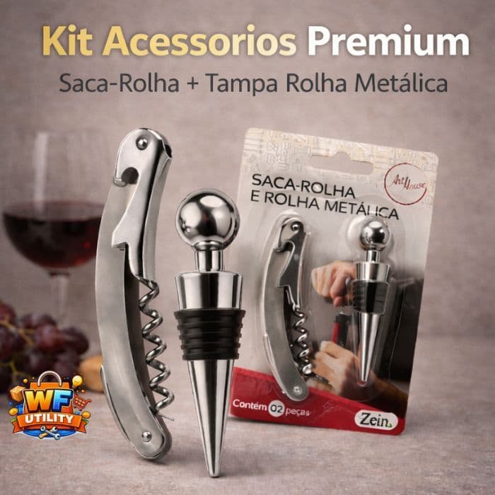 Kit Acessórios para Garrafa Saca Rolha + Tampa Rolha Metálica