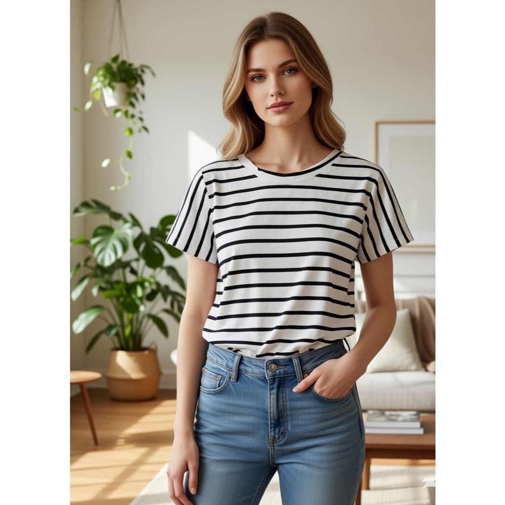 BLUSA T - SHIRT FEMININO VISCOLYCRA LISTRADA TAMANHO UNICO BEGE CAMISETA MULHER