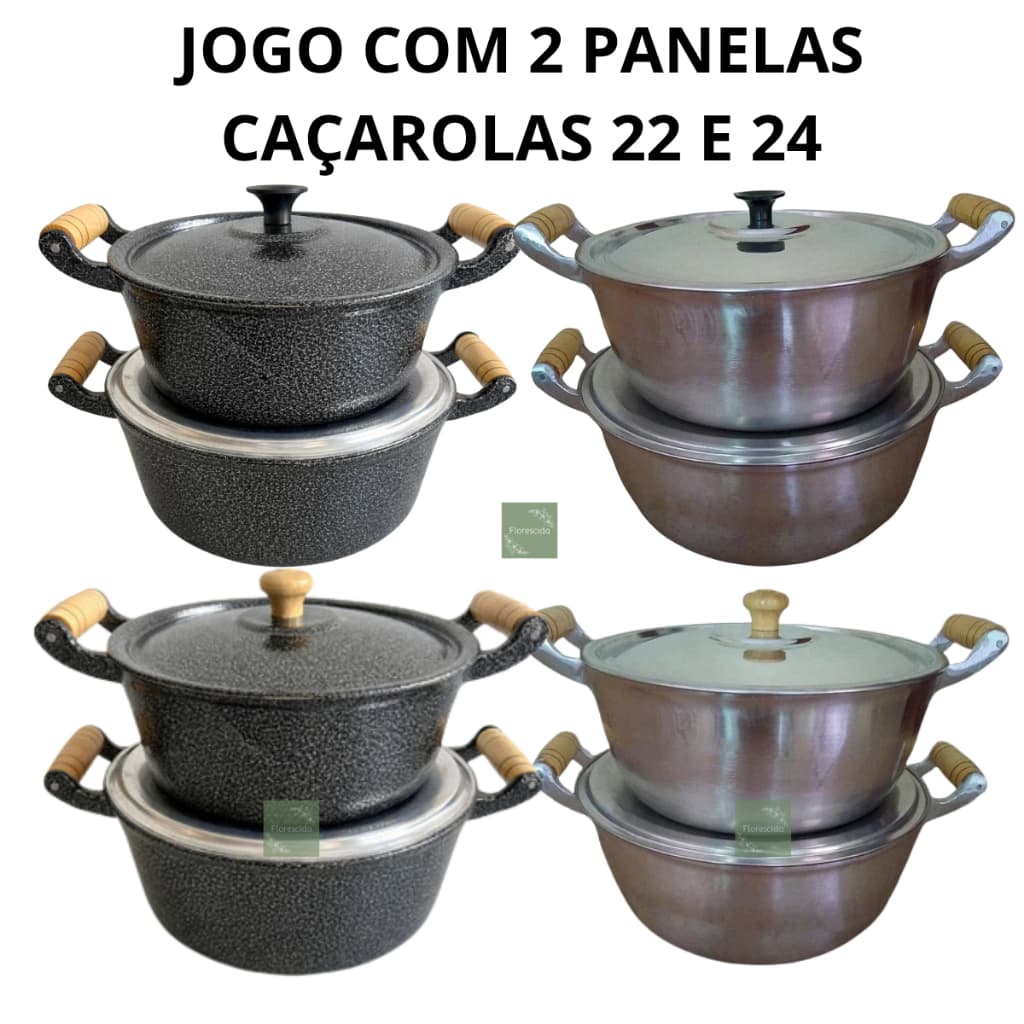 Kit Jogo 2 Panelas Caçarolas Grandes de Alumínio Preta ou Polida Batido Fundido Tamanhos 22 e 24