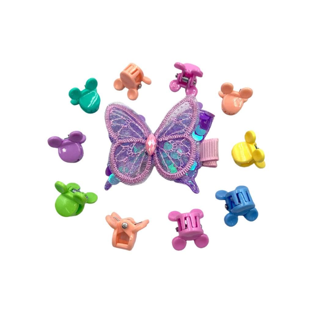 Kit Piranha E Presilha Borboleta Mini Prendedor Infantil Menina Cabelo Colorida