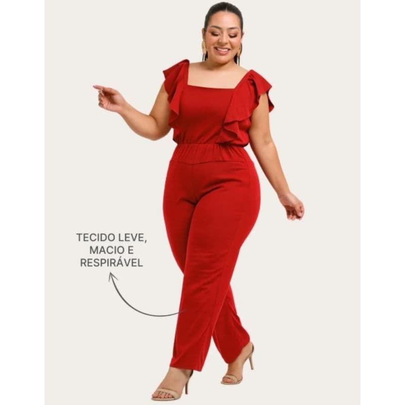 Macacão Plus Size Longo Babado Ombro Cintura Elástica Moda Feminina